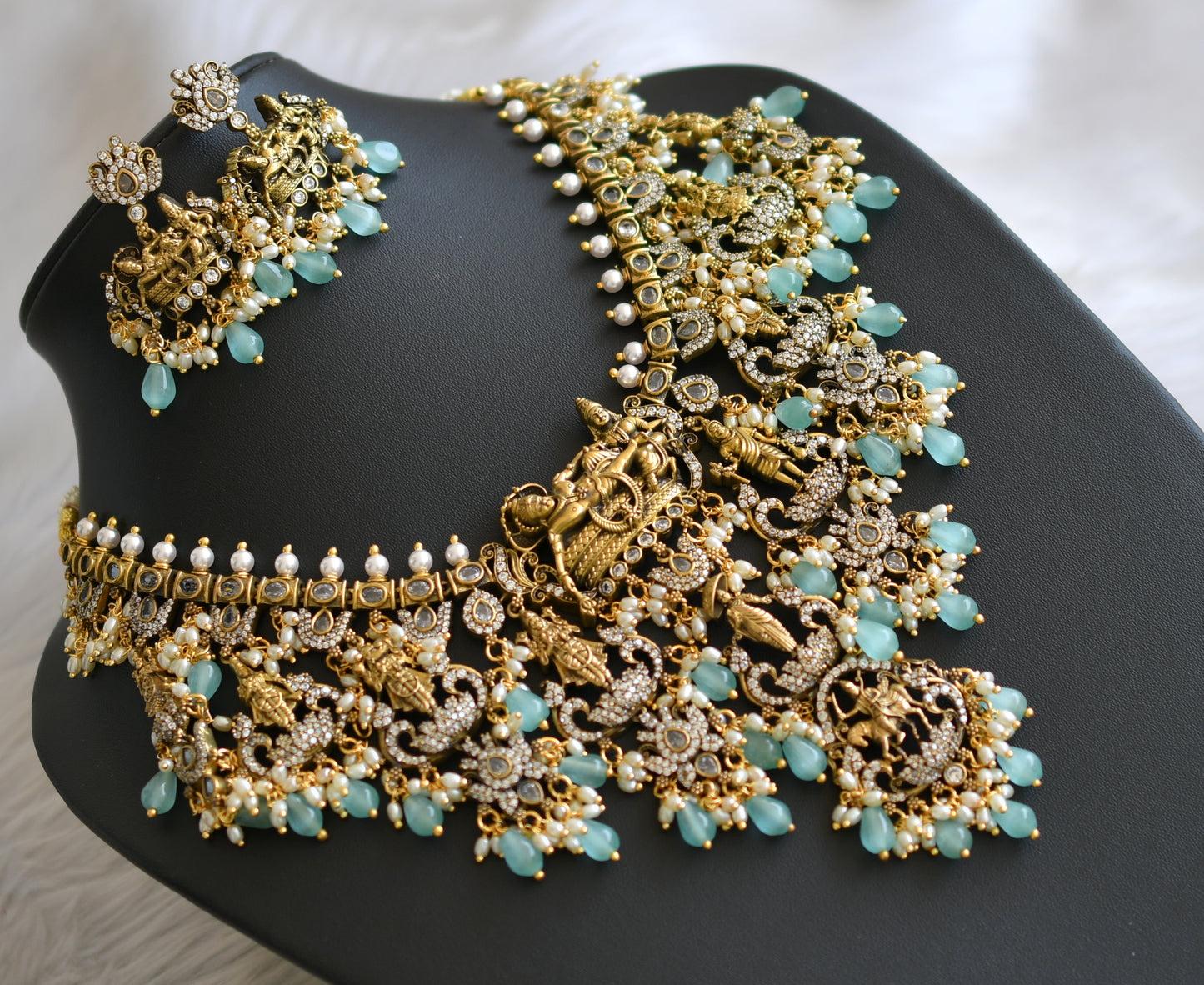Matte finish cz white stone Victorian Dasavatharam necklace set dj-42381