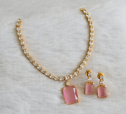 Matte finish cz white-baby pink block stone necklace set dj-47012