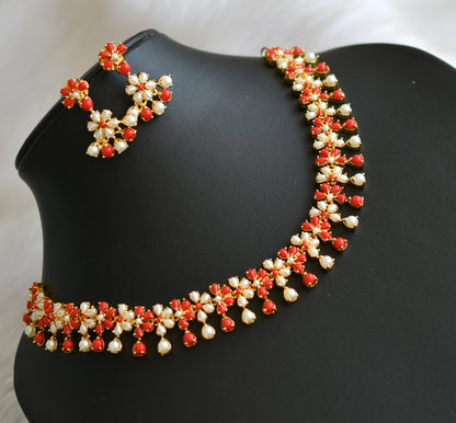 Gold tone pearl-coral stone necklace set dj-42373