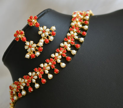 Gold tone pearl-coral stone necklace set dj-42373