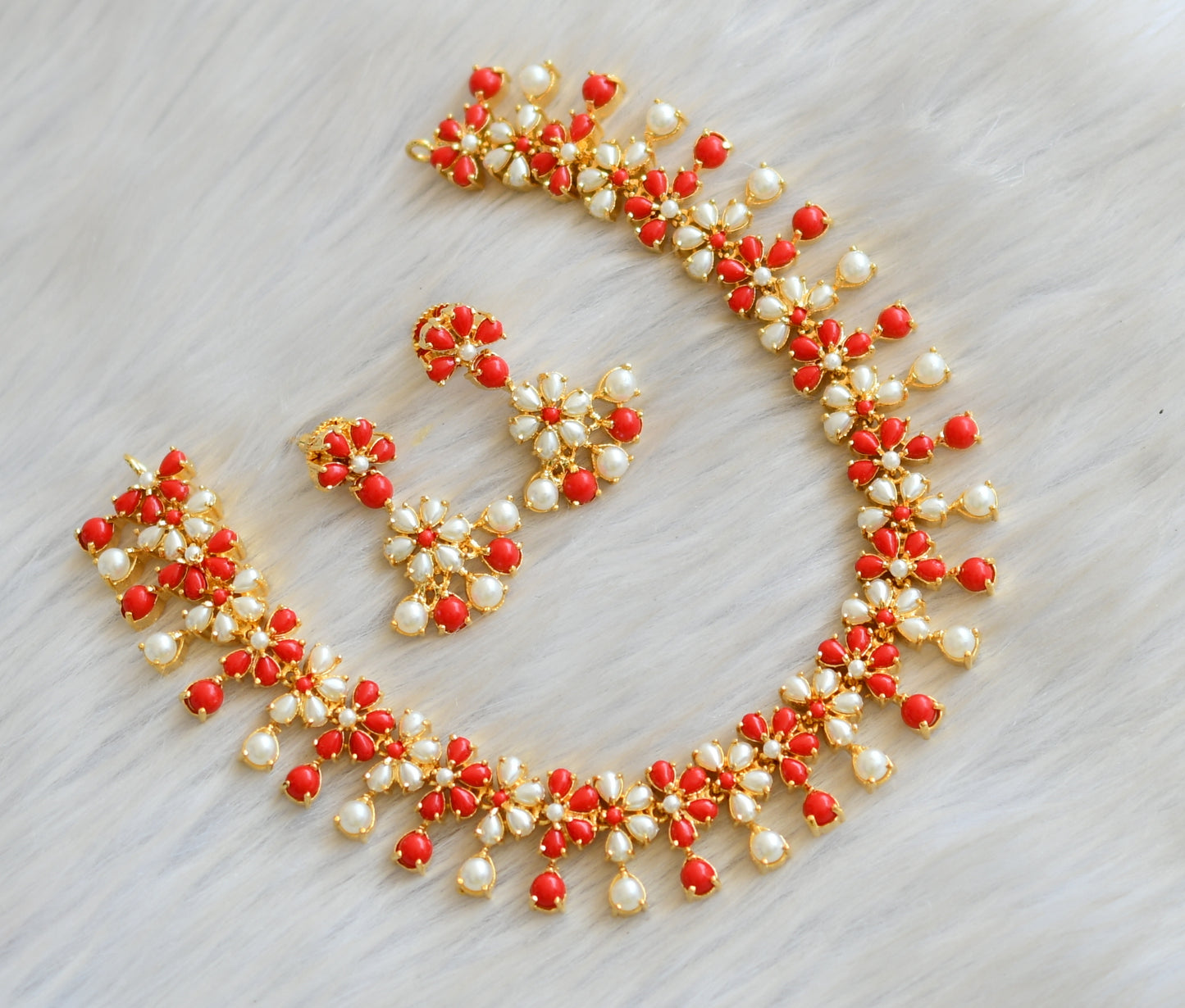 Gold tone pearl-coral stone necklace set dj-42373