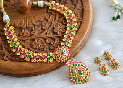 Gold tone ruby-emerald flower necklace set dj-02008