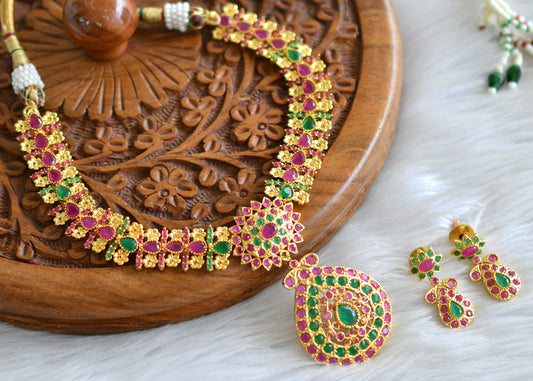 Gold tone ruby-emerald flower necklace set dj-02008