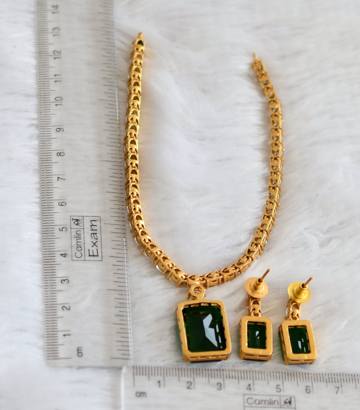 Matte finish cz white-green block stone necklace set dj-47013