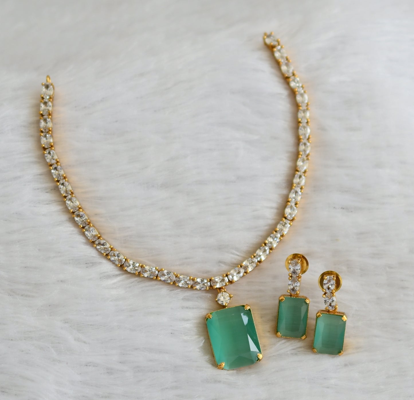 Matte finish cz white-sea green block stone necklace set dj-47016