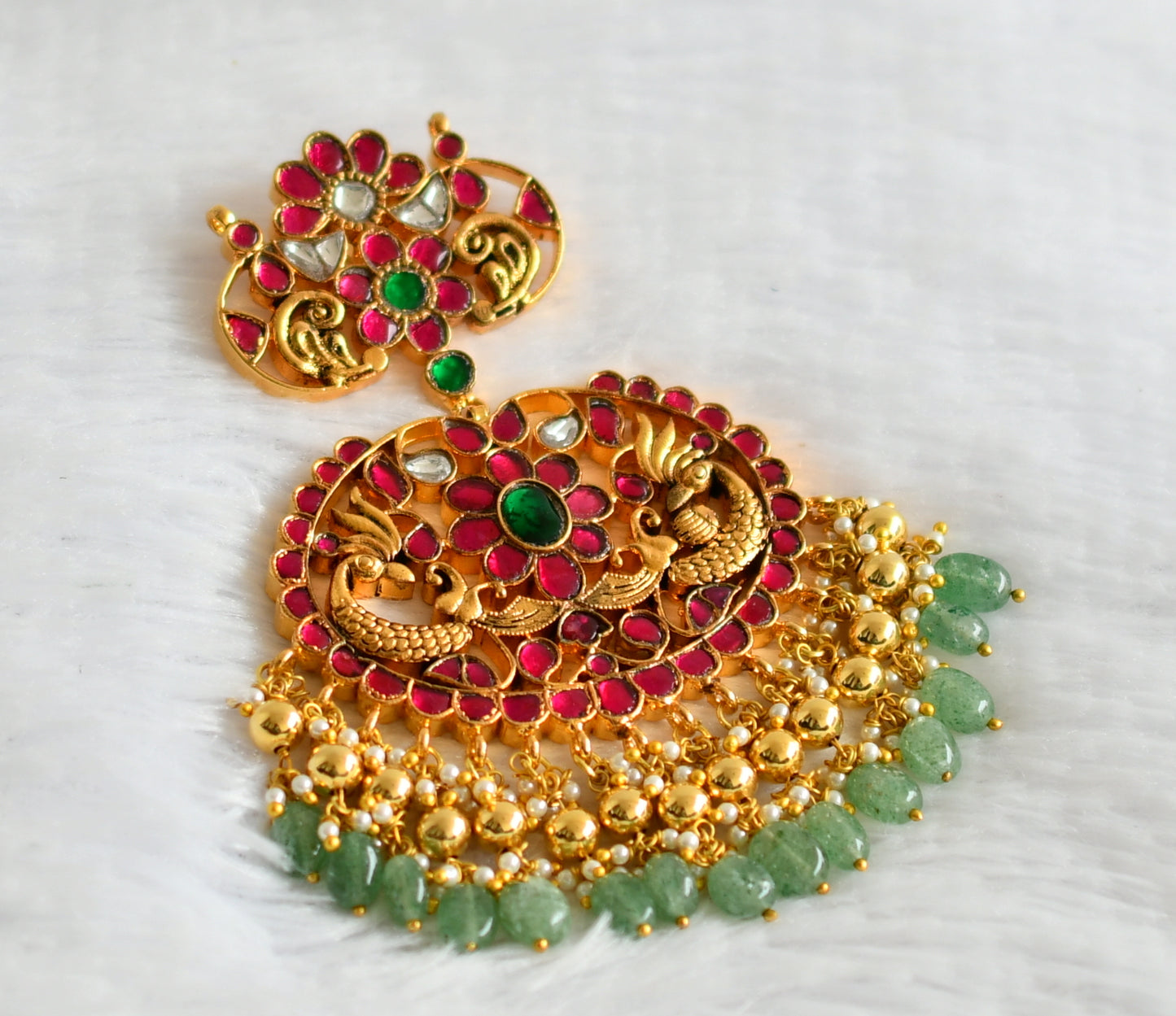 Antique gold tone pink-green-white kundan jadau peacock green bead pendant dj-50679