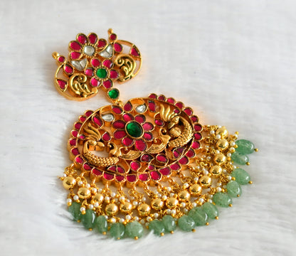 Antique gold tone pink-green-white kundan jadau peacock green bead pendant dj-50679