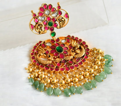 Antique gold tone pink-green-white kundan jadau peacock green bead pendant dj-50679