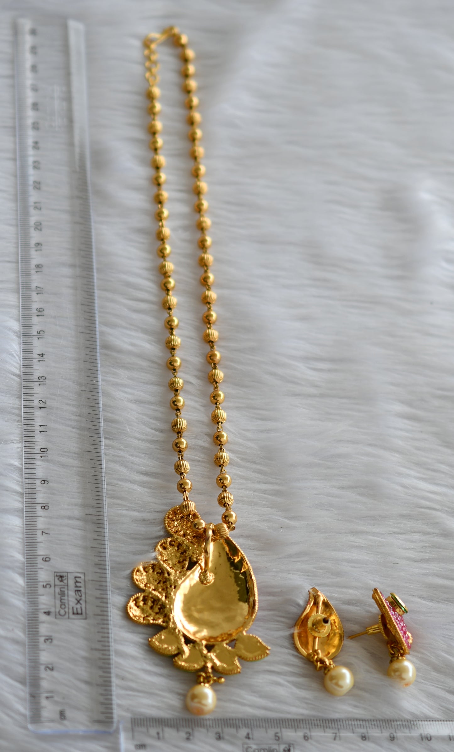 Antique gold tone transparent stone pink-green necklace set dj-01628