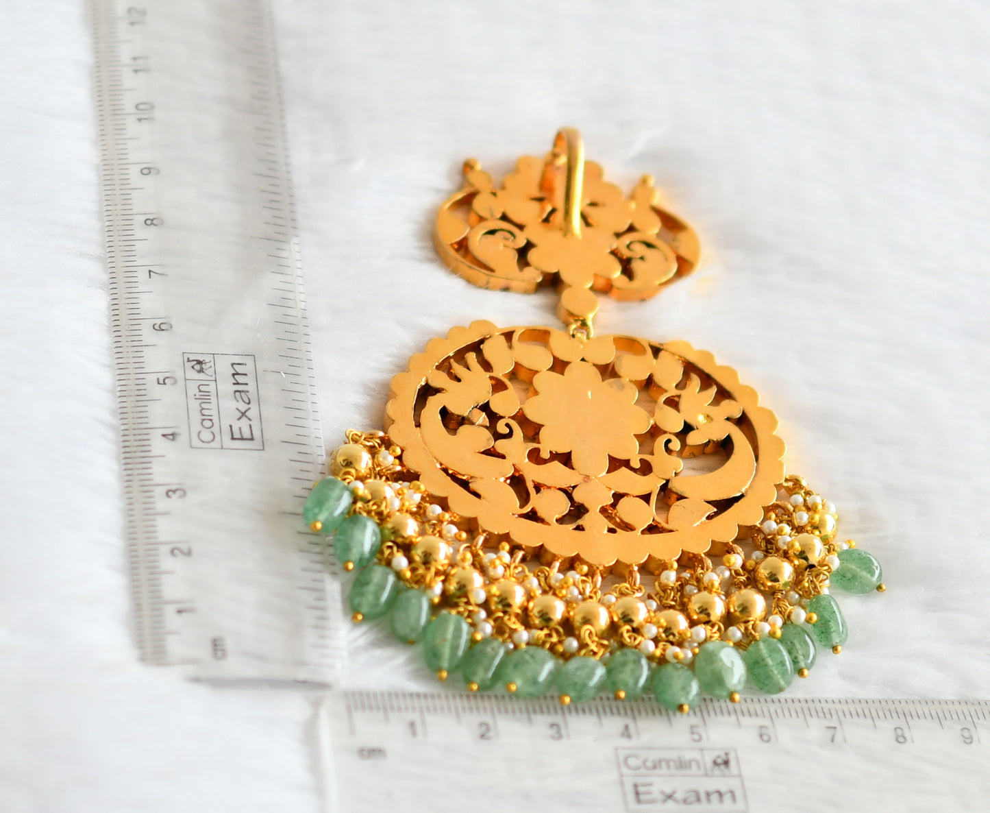 Antique gold tone pink-green-white kundan jadau peacock green bead pendant dj-50679