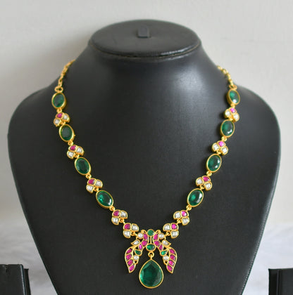 Gold tone pink-green-white kundan jadau peacock oval stone necklace dj-50685