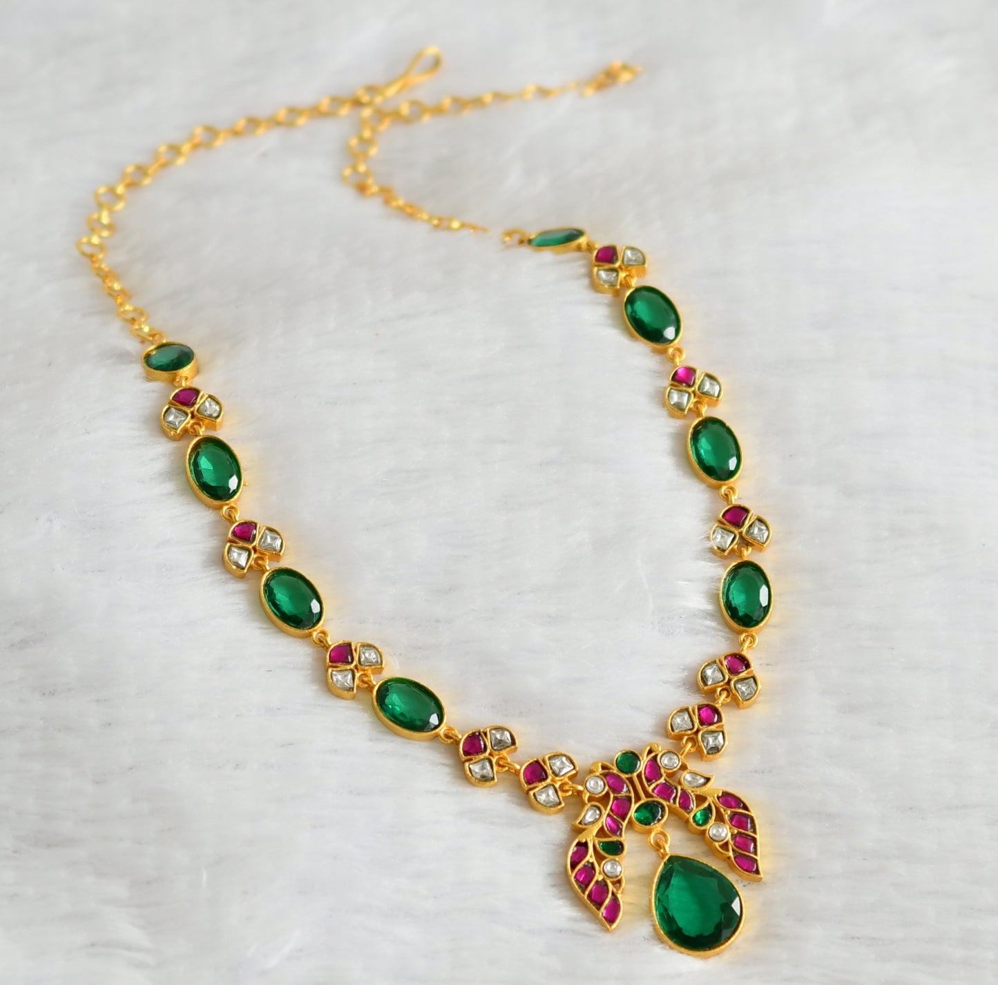 Gold tone pink-green-white kundan jadau peacock oval stone necklace dj-50685