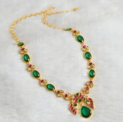 Gold tone pink-green-white kundan jadau peacock oval stone necklace dj-50685