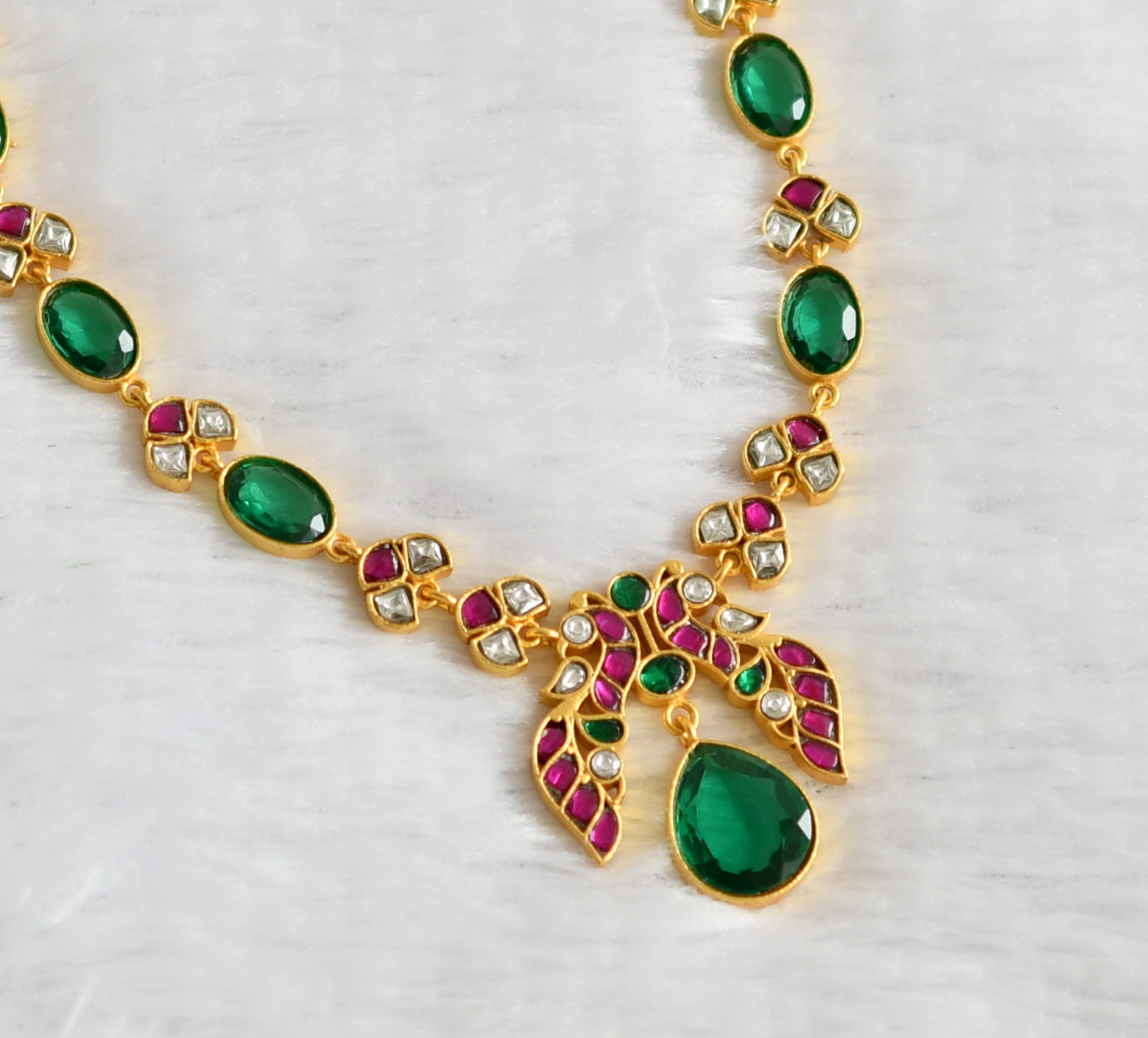Gold tone pink-green-white kundan jadau peacock oval stone necklace dj-50685