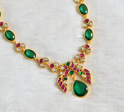 Gold tone pink-green-white kundan jadau peacock oval stone necklace dj-50685