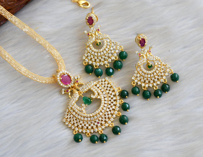 Gold tone cz white-ruby-green agates peacock pendant set dj-42371