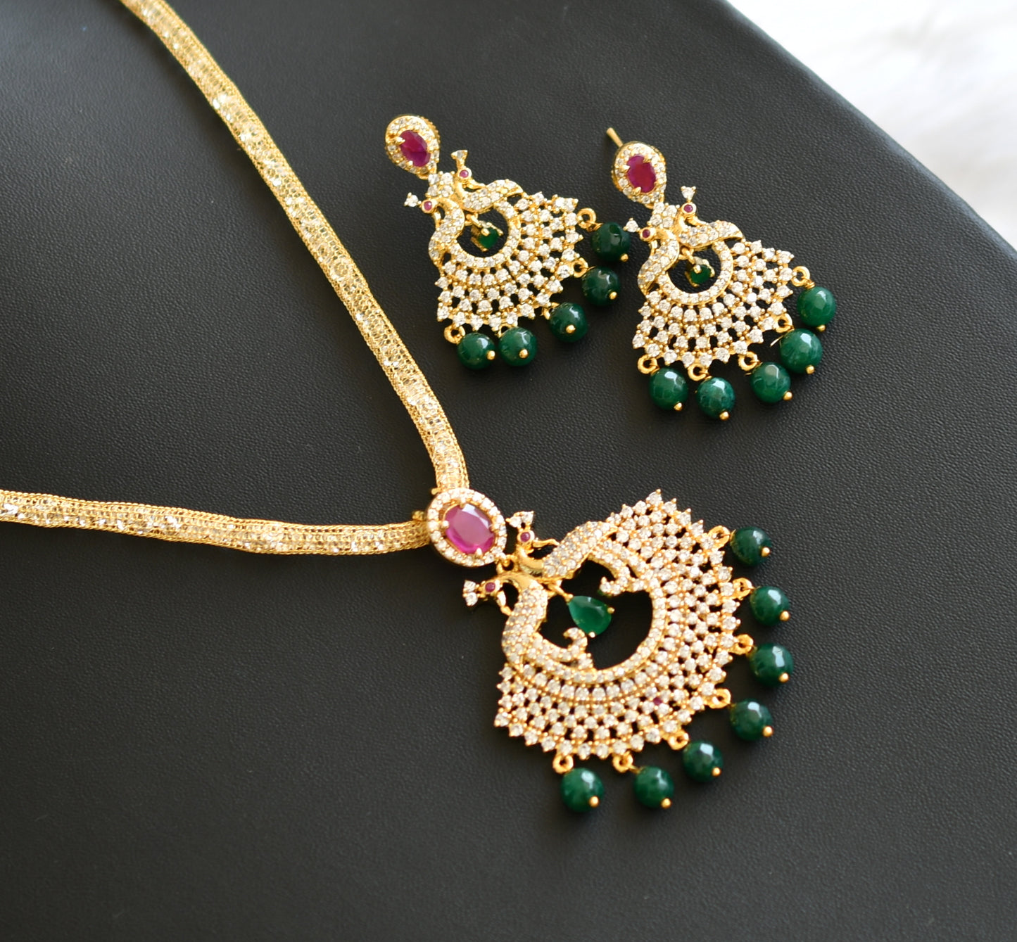 Gold tone cz white-ruby-green agates peacock pendant set dj-42371