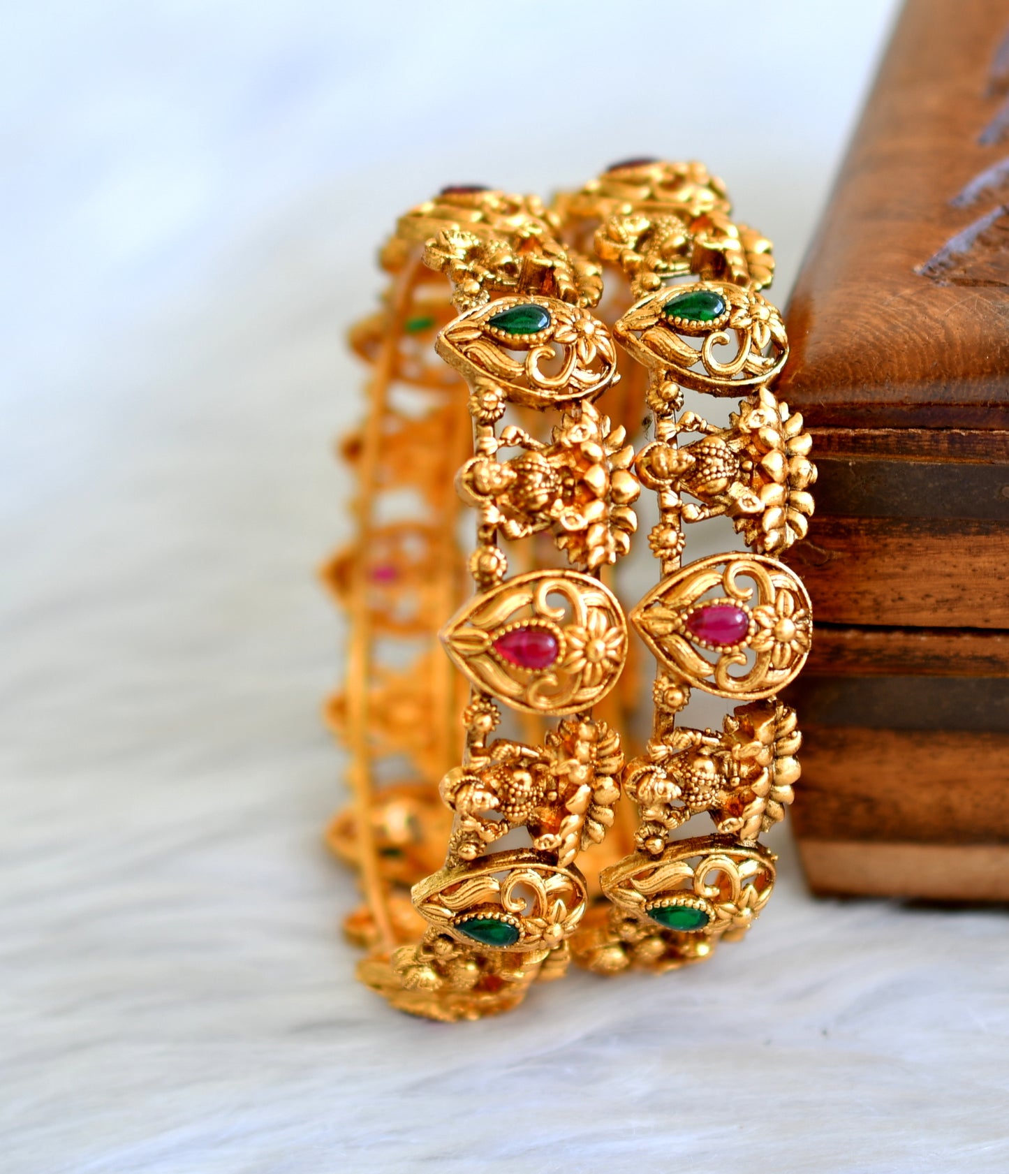 Matte finish kemp-green stone laksmi flower bangles(2.8) dj-43679