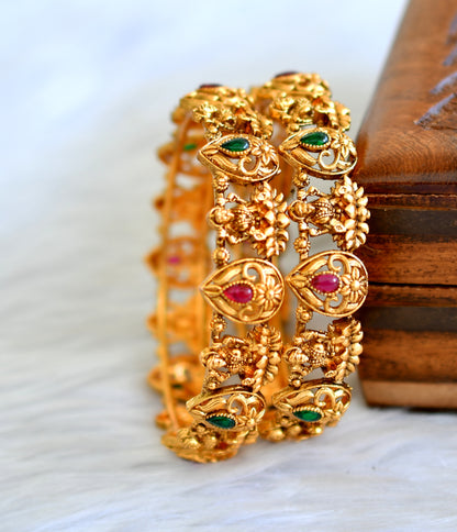Matte finish kemp-green stone lakshmi flower bangles(2.6) dj-43678