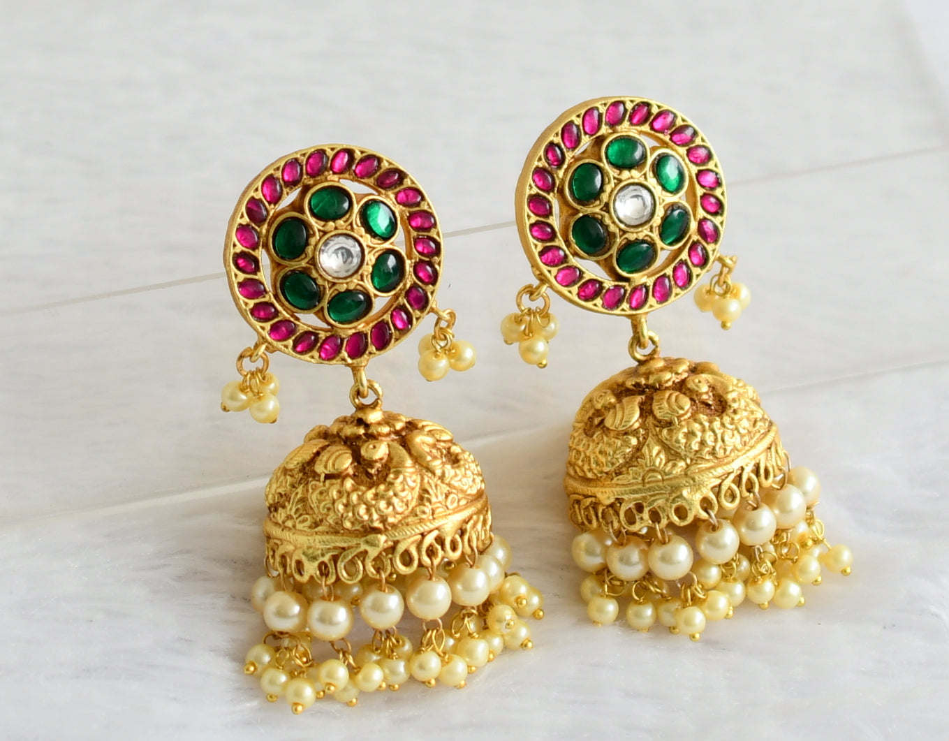 Matte finish pink-green-white kundan jadau flower peacock jhumkka dj-50710