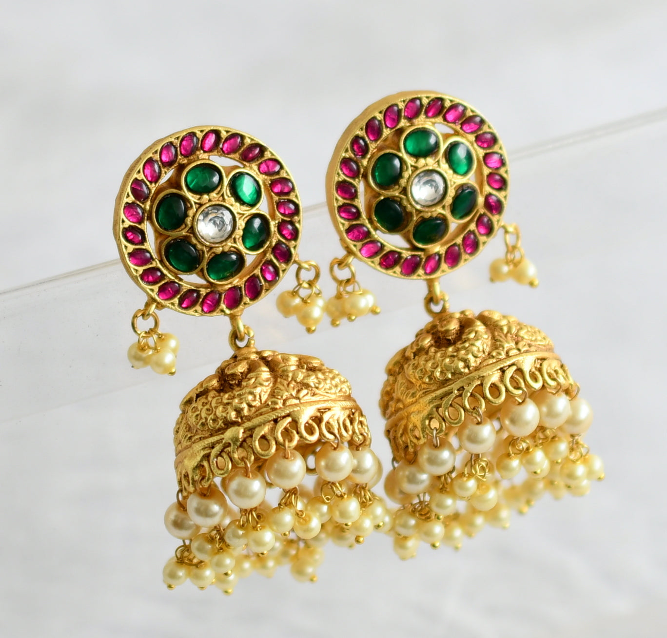 Matte finish pink-green-white kundan jadau flower peacock jhumkka dj-50710