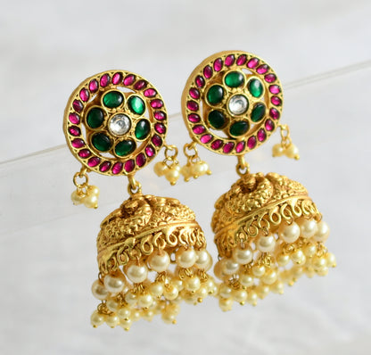 Matte finish pink-green-white kundan jadau flower peacock jhumkka dj-50710