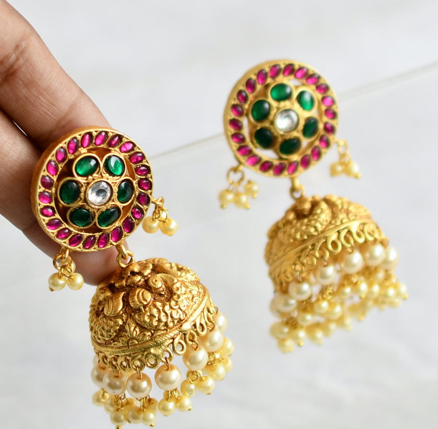 Matte finish pink-green-white kundan jadau flower peacock jhumkka dj-50710