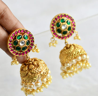 Matte finish pink-green-white kundan jadau flower peacock jhumkka dj-50710