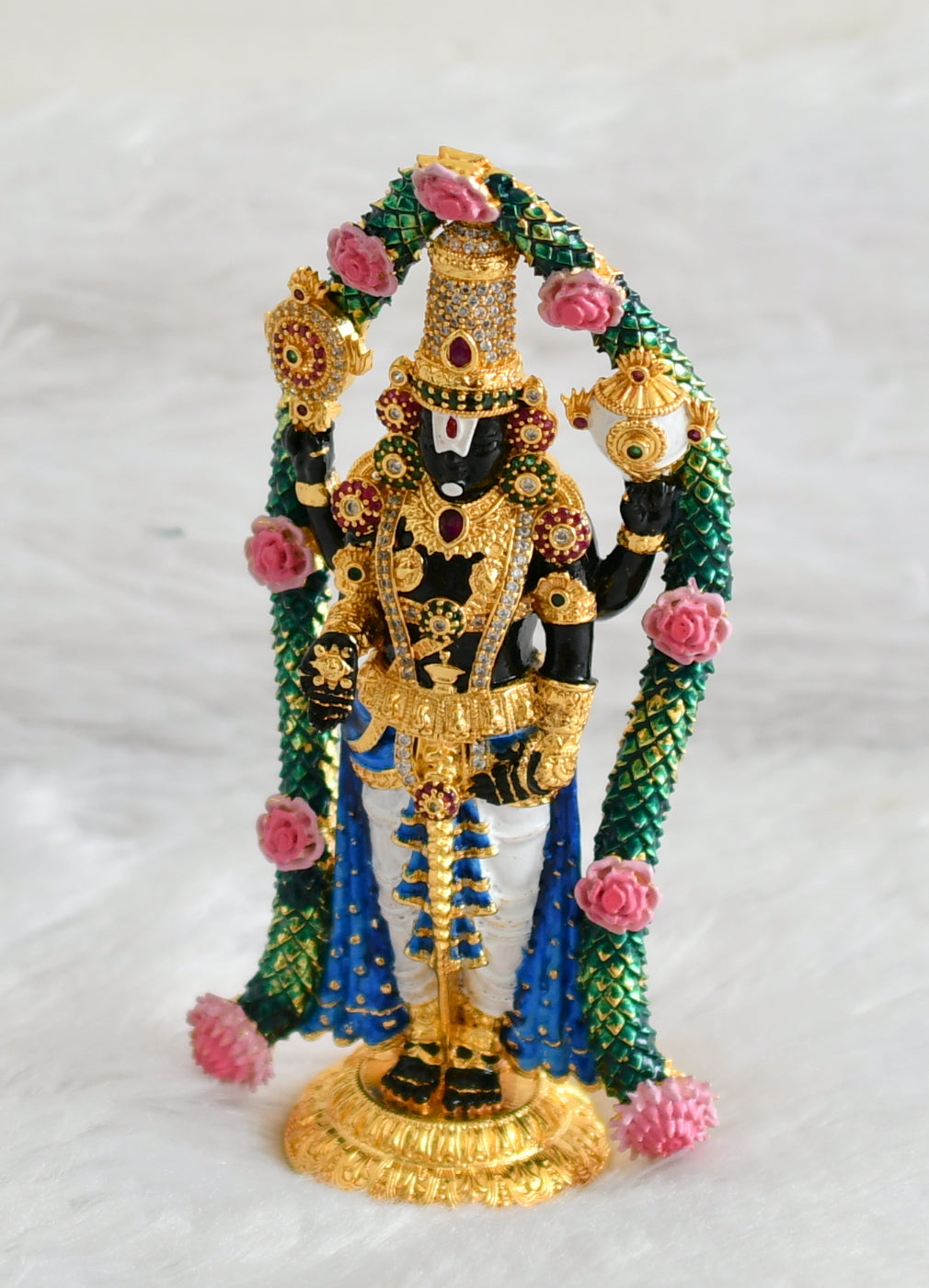 Gold tone green-ruby-white sri balaji idol/vigraham dj-43474