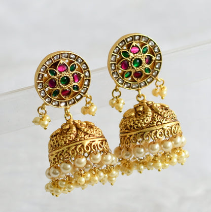 Matte finish pink-green-white kundan jadau flower peacock jhumkka dj-50709