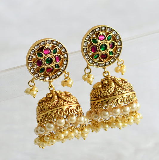 Matte finish pink-green-white kundan jadau flower peacock jhumkka dj-50709