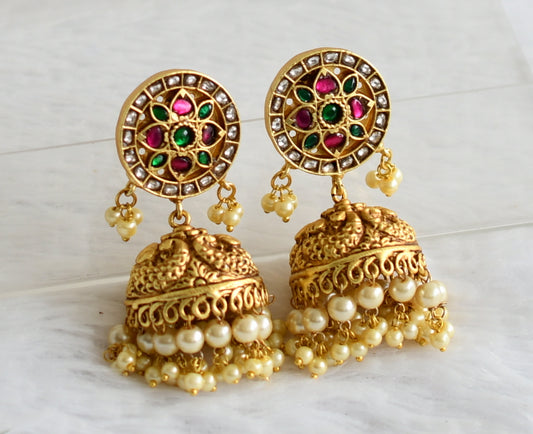Matte finish pink-green-white kundan jadau flower peacock jhumkka dj-50709