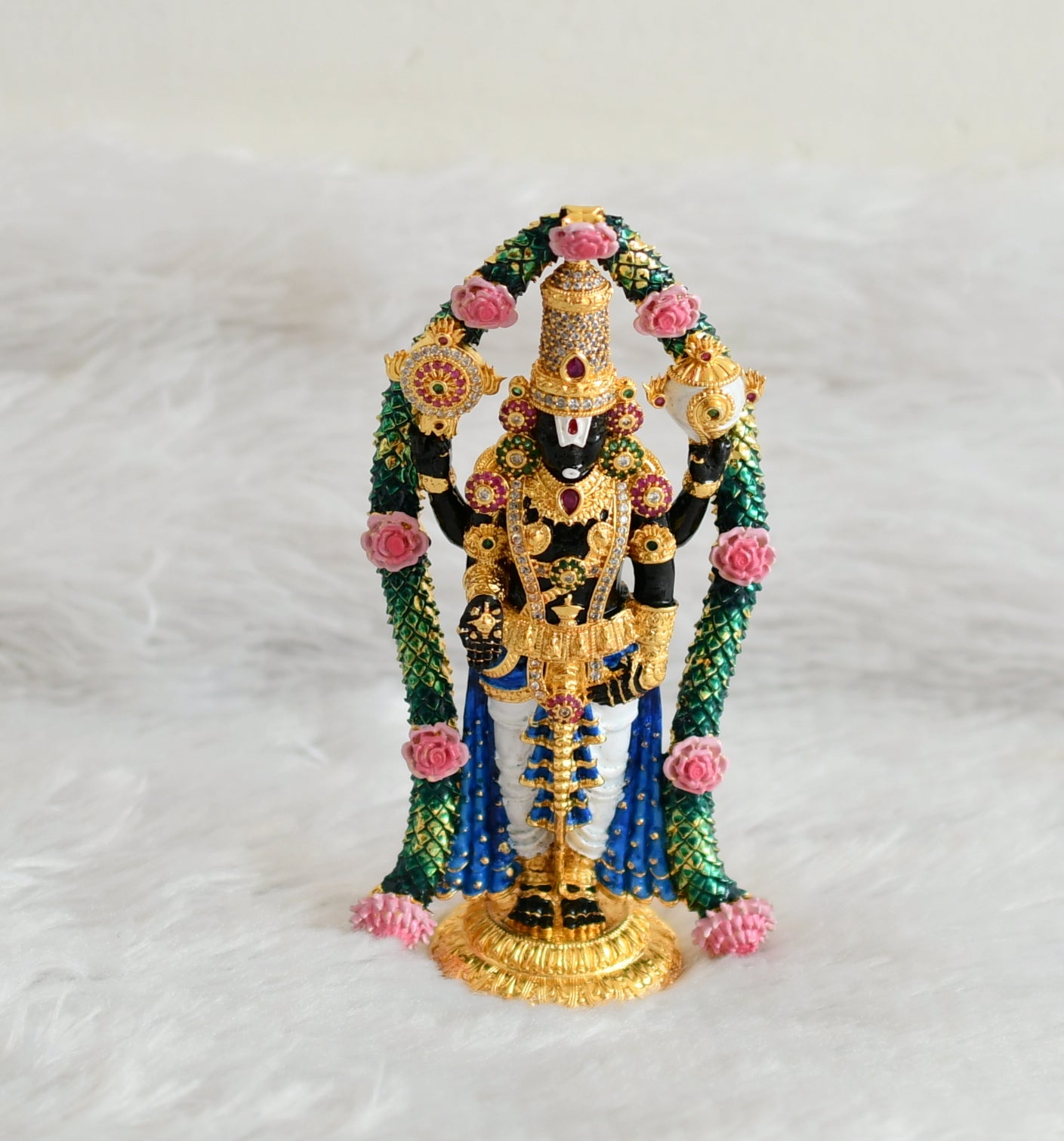 Gold tone cz white-ruby-green sri balaji idol/vigraham dj-43473