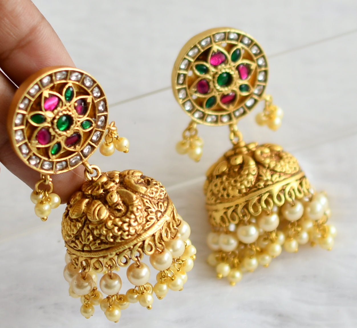Matte finish pink-green-white kundan jadau flower peacock jhumkka dj-50709