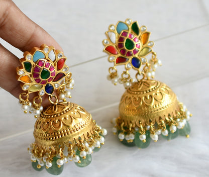 Antique gold tone navarathna kundan jadau lotus green bead jhumkka dj-50705