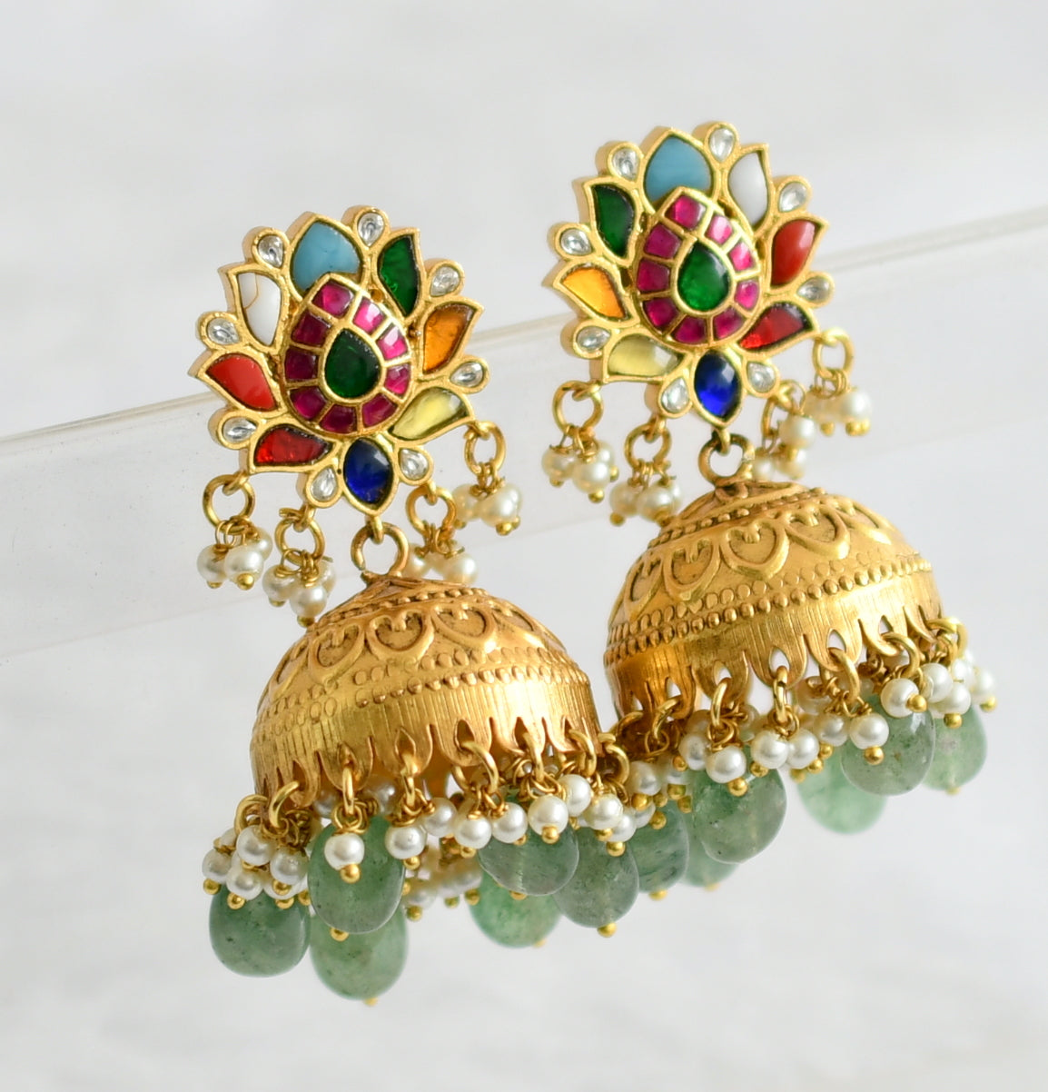 Antique gold tone navarathna kundan jadau lotus green bead jhumkka dj-50705