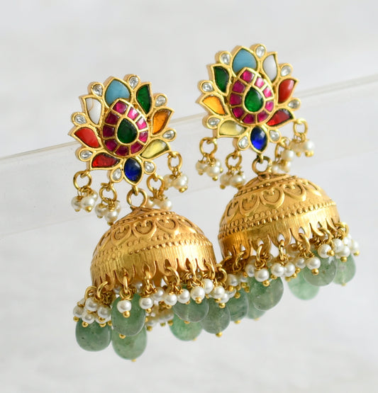 Antique gold tone navarathna kundan jadau lotus green bead jhumkka dj-50705