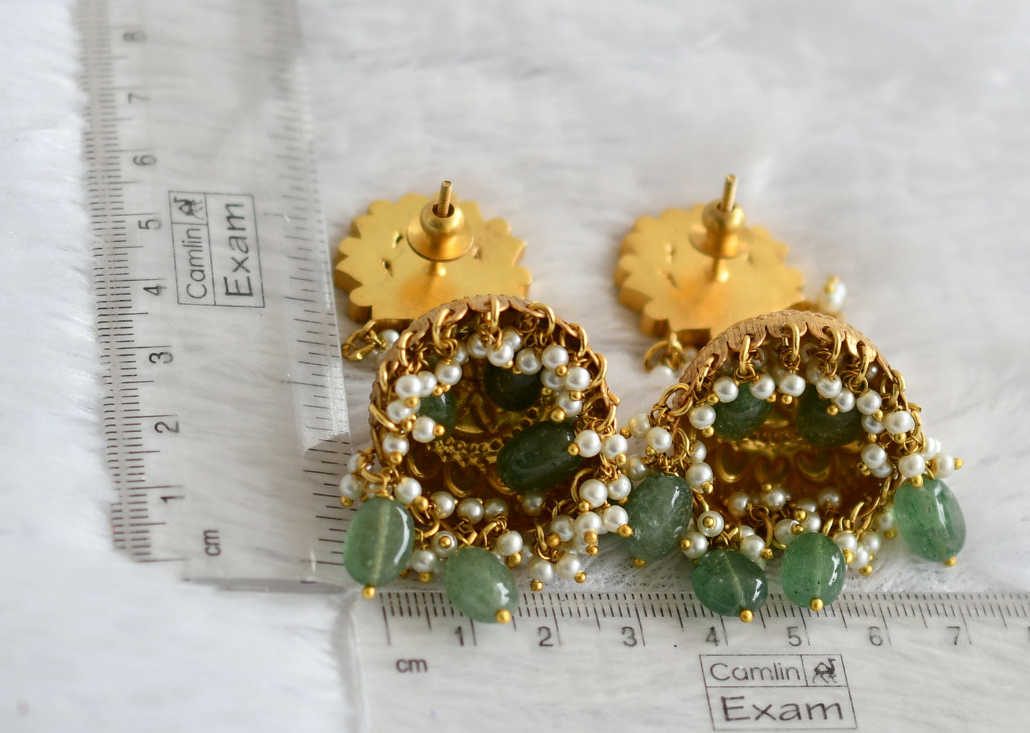 Antique gold tone navarathna kundan jadau lotus green bead jhumkka dj-50705