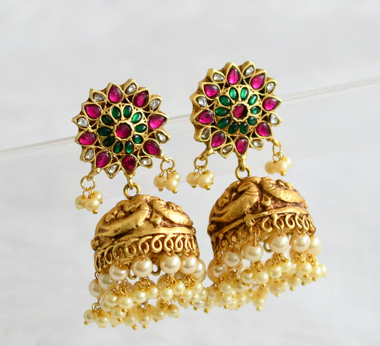 Matte finish pink-green-white kundan jadau flower peacock jhumkka dj-50707