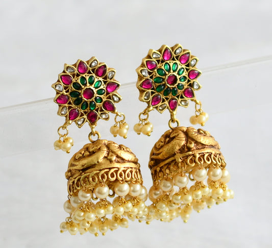 Matte finish pink-green-white kundan jadau flower peacock jhumkka dj-50707