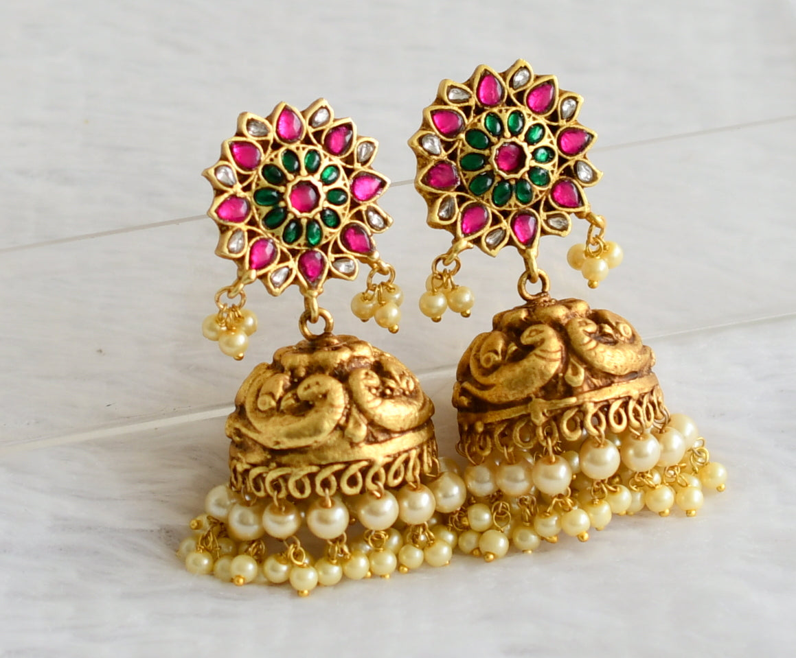 Matte finish pink-green-white kundan jadau flower peacock jhumkka dj-50707