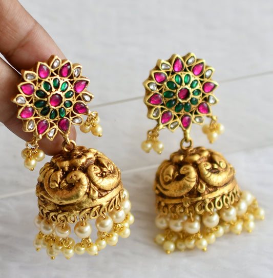 Matte finish pink-green-white kundan jadau flower peacock jhumkka dj-50707