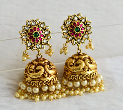 Matte finish pink-green-white kundan jadau flower peacock jhumkka dj-50706