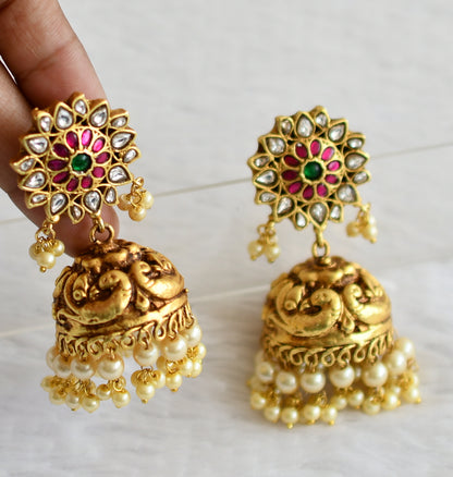 Matte finish pink-green-white kundan jadau flower peacock jhumkka dj-50706