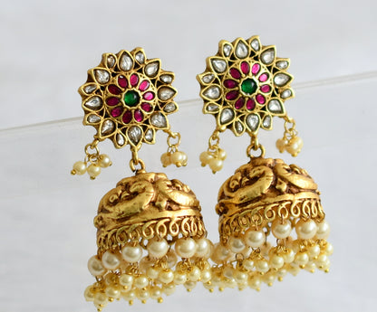 Matte finish pink-green-white kundan jadau flower peacock jhumkka dj-50706