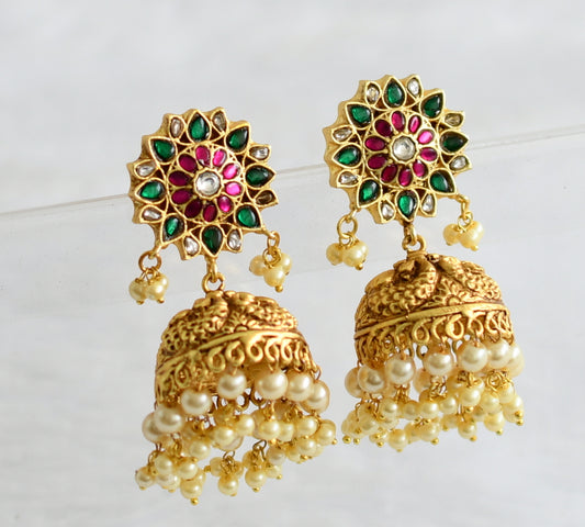 Matte finish green-pink-white kundan jadau flower peacock jhumkka dj-50708