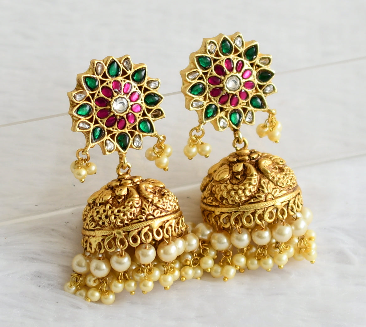 Matte finish green-pink-white kundan jadau flower peacock jhumkka dj-50708