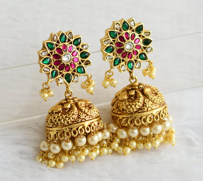 Matte finish green-pink-white kundan jadau flower peacock jhumkka dj-50708
