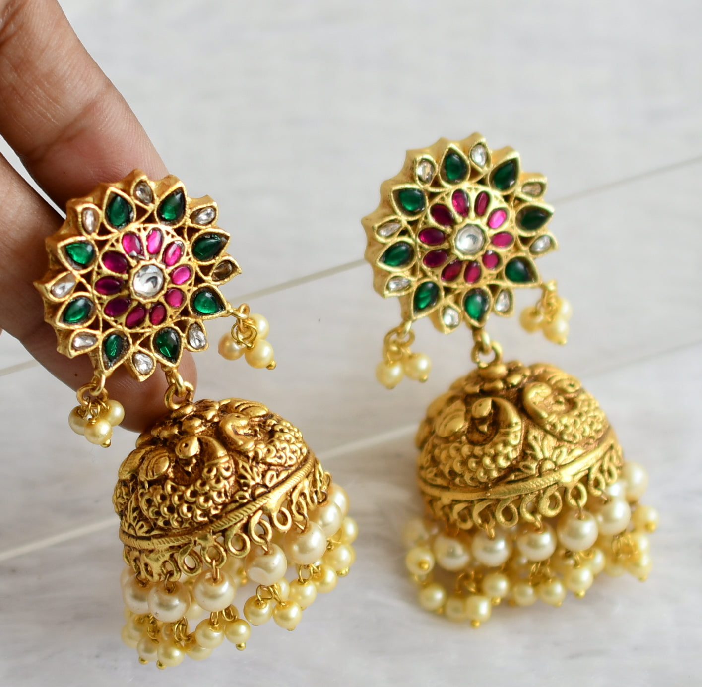 Matte finish green-pink-white kundan jadau flower peacock jhumkka dj-50708