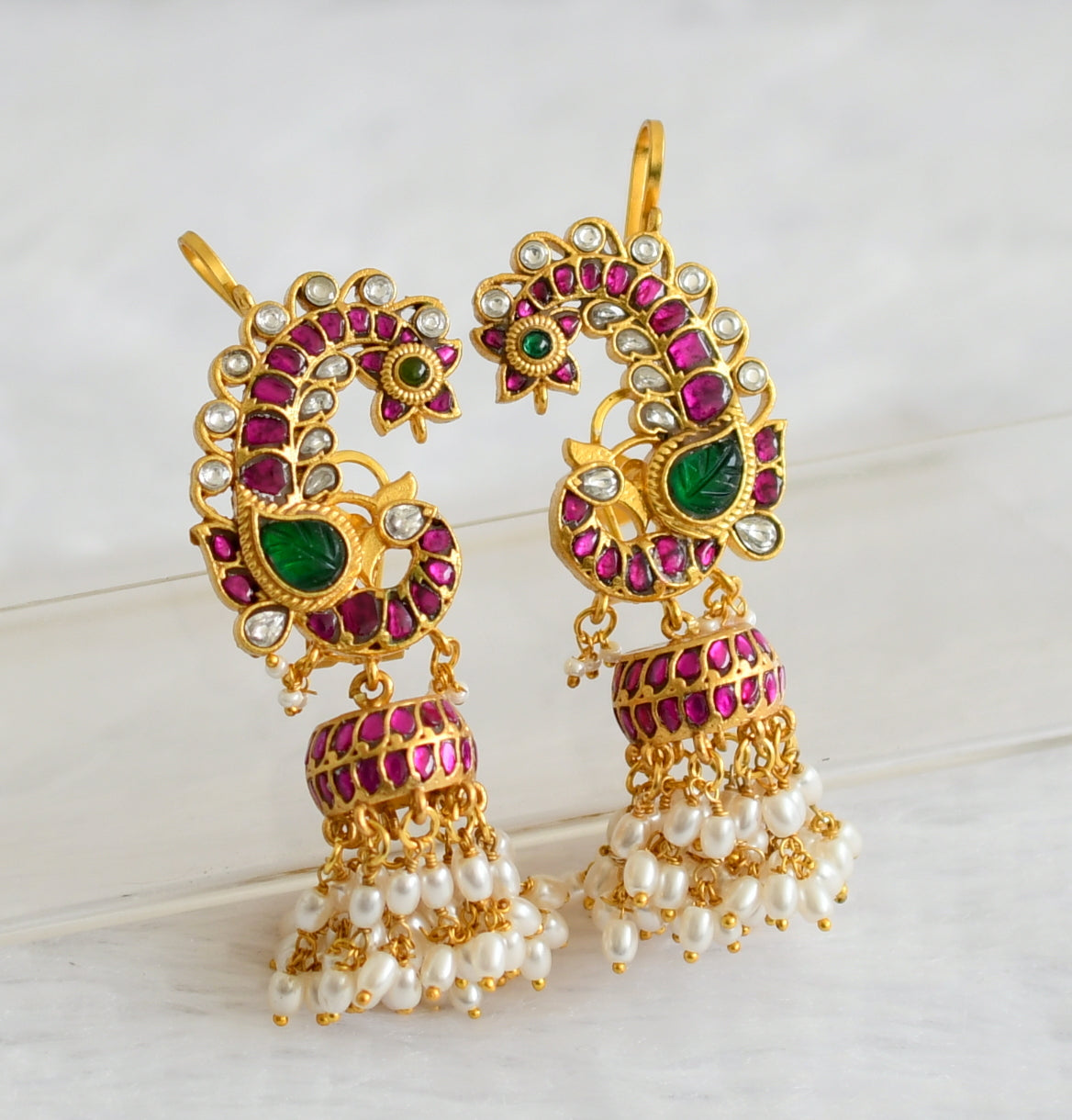 Matte finish pink-green-white kundan jadau peacock rice pearl jhumkka dj-50711